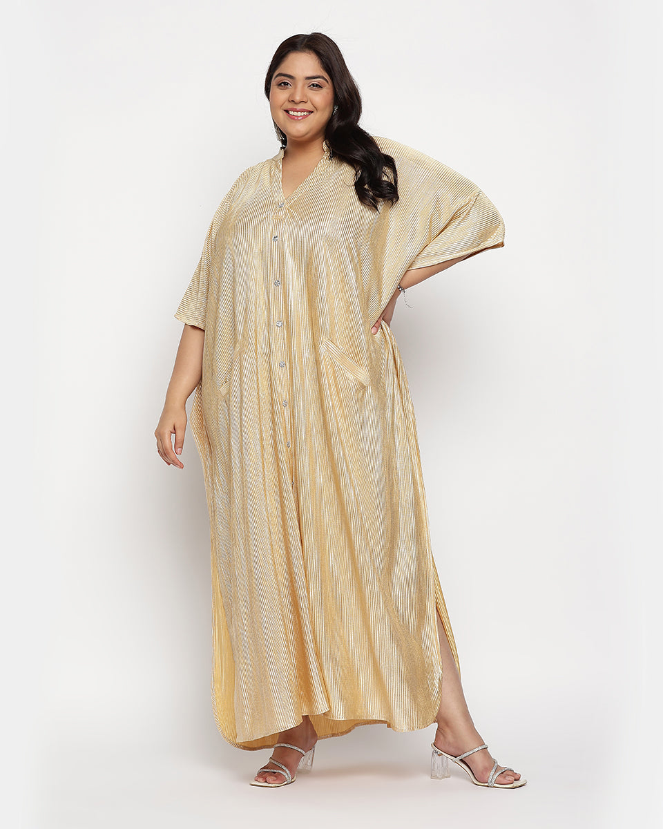 Golden Striped Poly Knit Plus Size Button Kaftan For Women