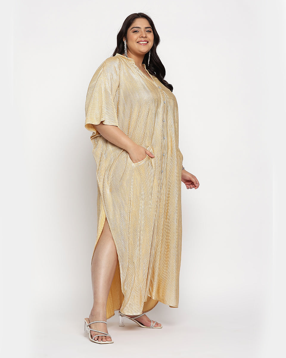 Golden Striped Poly Knit Plus Size Button Kaftan For Women