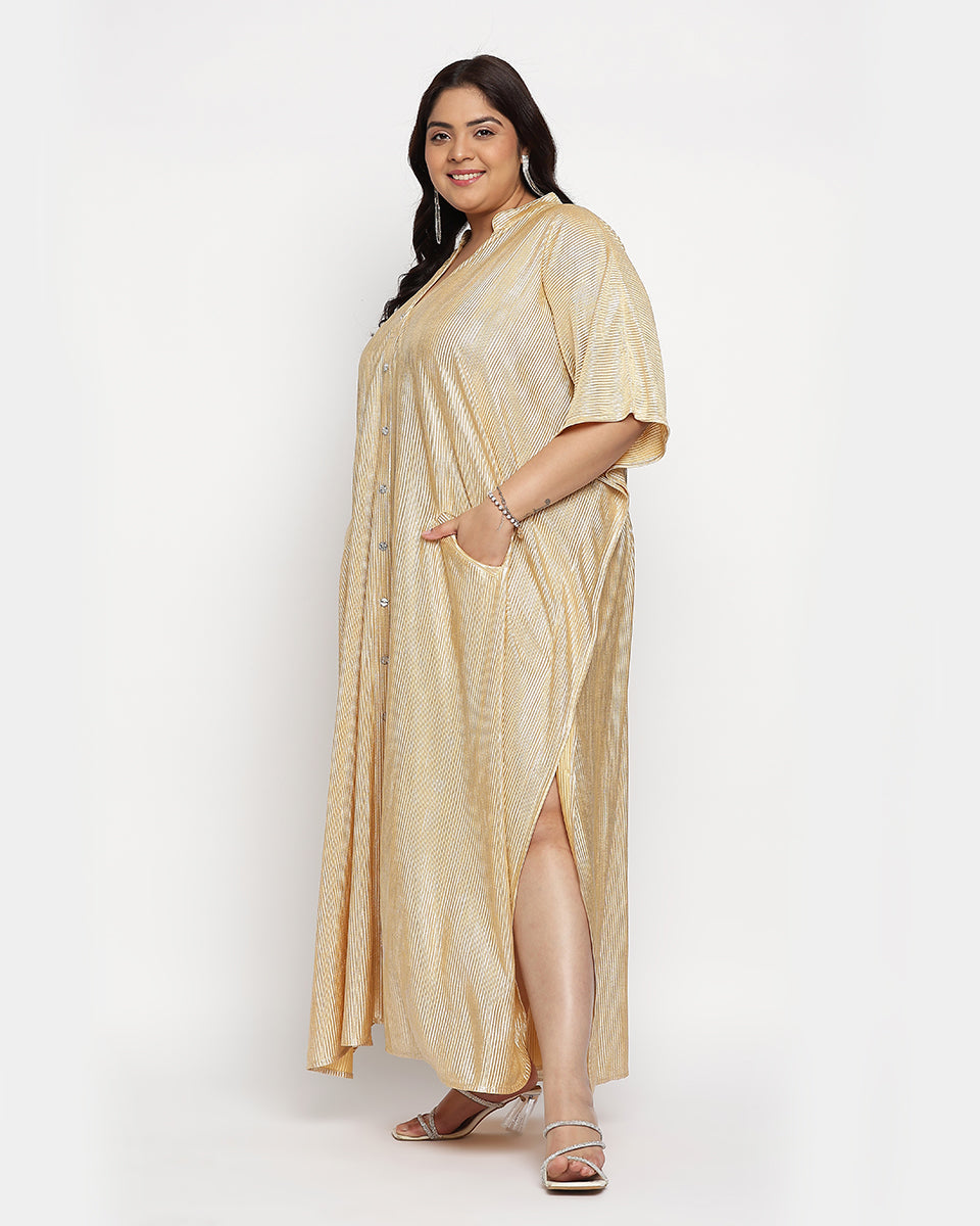 Golden Striped Poly Knit Plus Size Button Kaftan For Women
