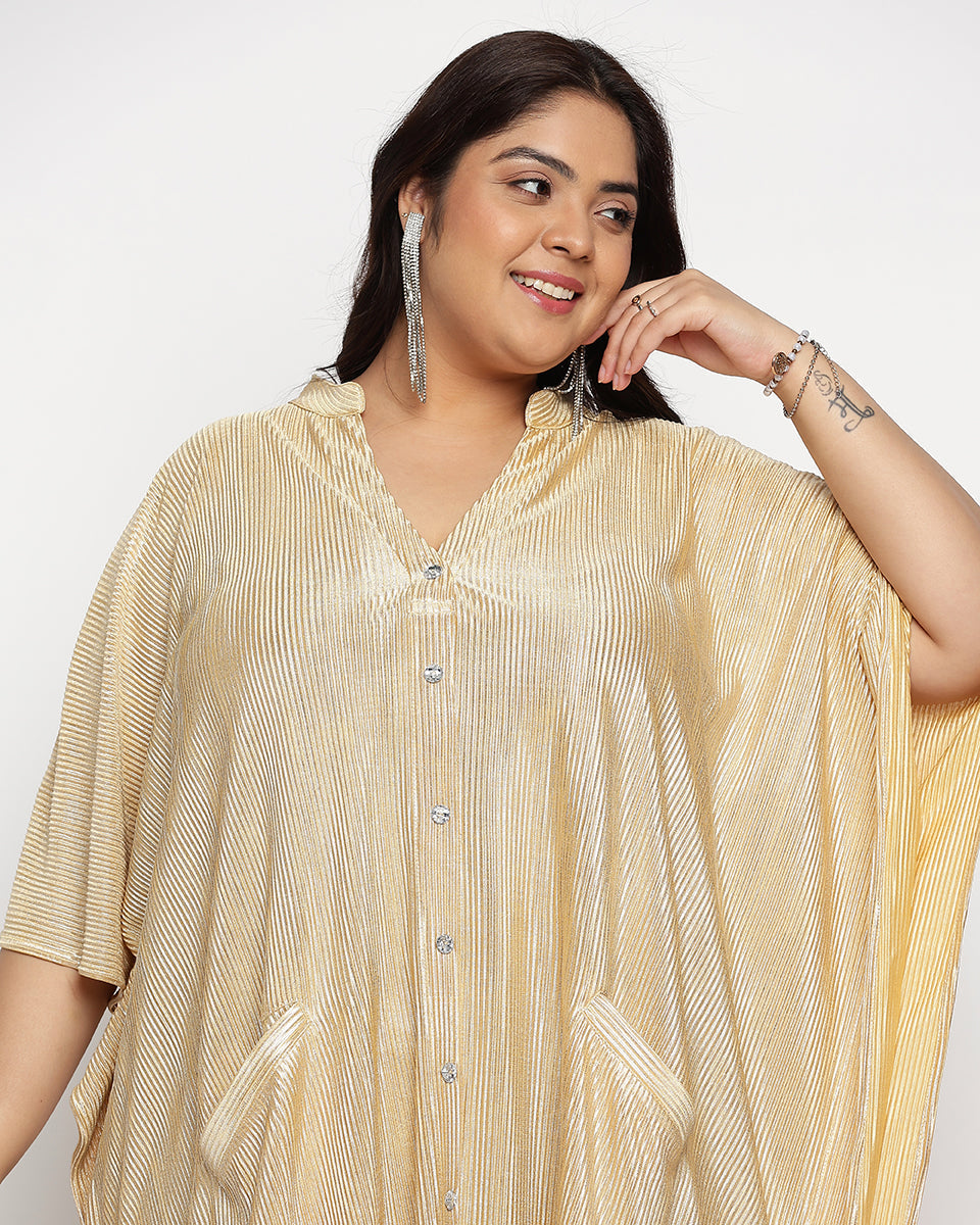 Golden Striped Poly Knit Plus Size Button Kaftan For Women