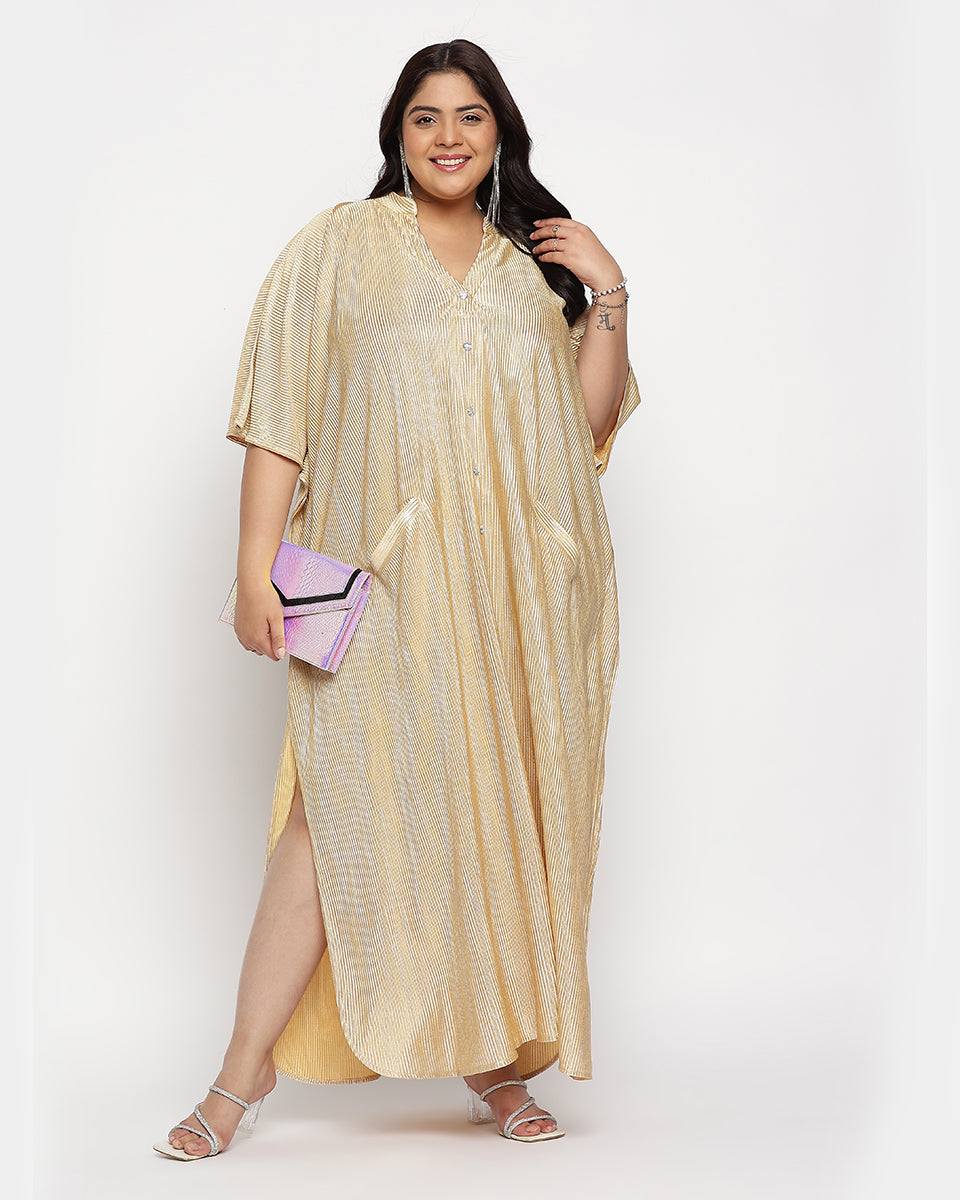 Golden Striped Poly Knit Plus Size Button Kaftan For Women