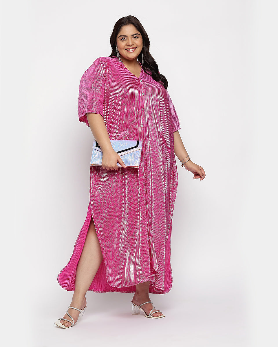 Mulberry Pink Poly Knit Striped Plus Size Button Kaftan For Women