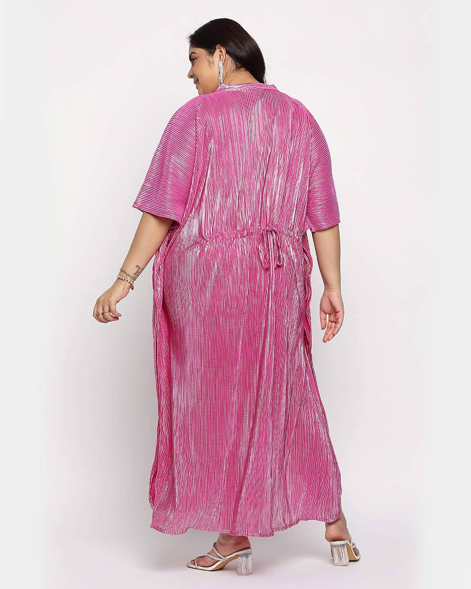 Mulberry Pink Poly Knit Striped Plus Size Button Kaftan For Women