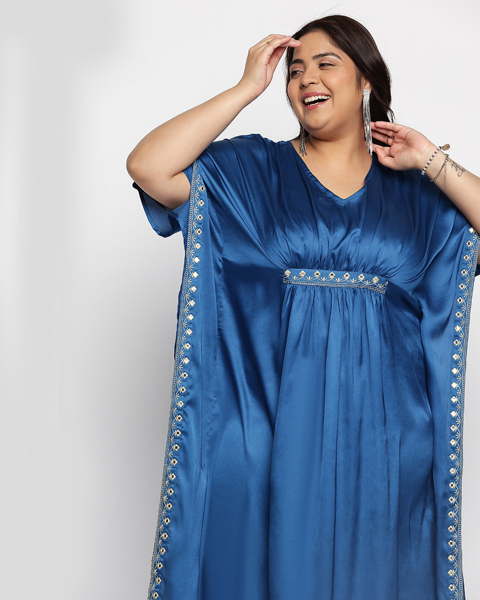 Blue Satin Plus Size Embroidered Kimono Sleeve Kaftan For Women