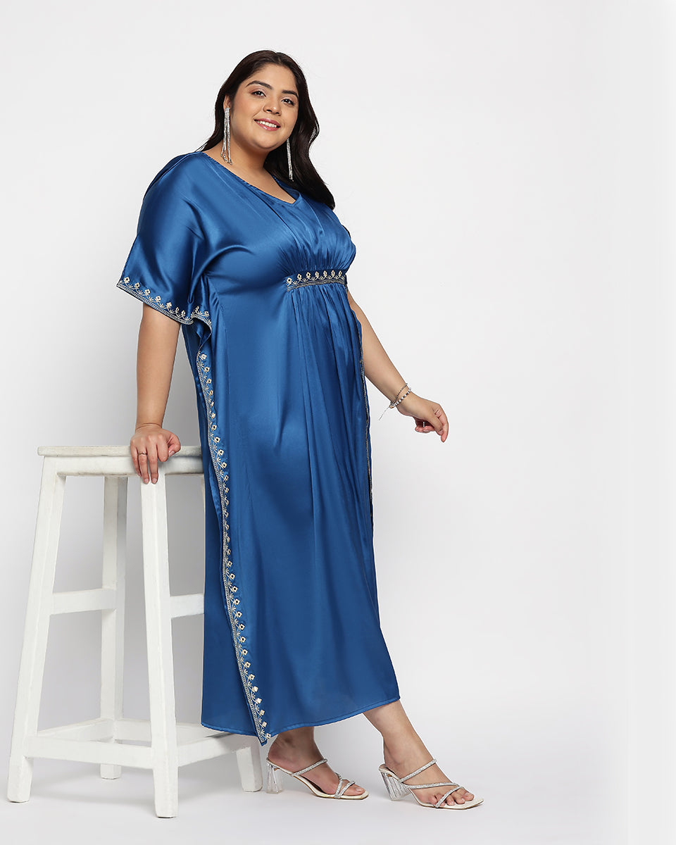 Blue Satin Plus Size Embroidered Kimono Sleeve Kaftan For Women