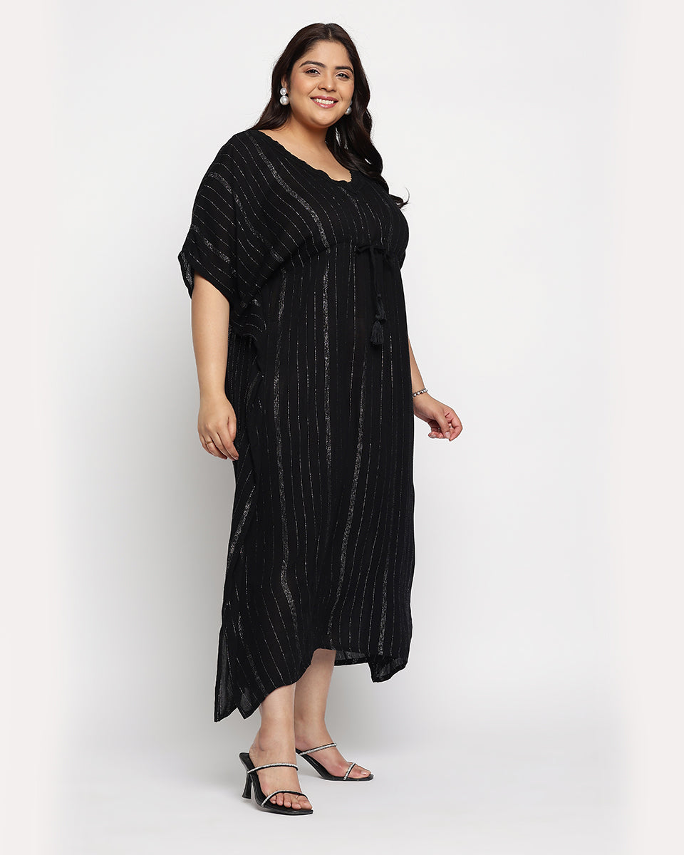 Black Solid Striped Plus Size Rayon Kaftan Dress For Women