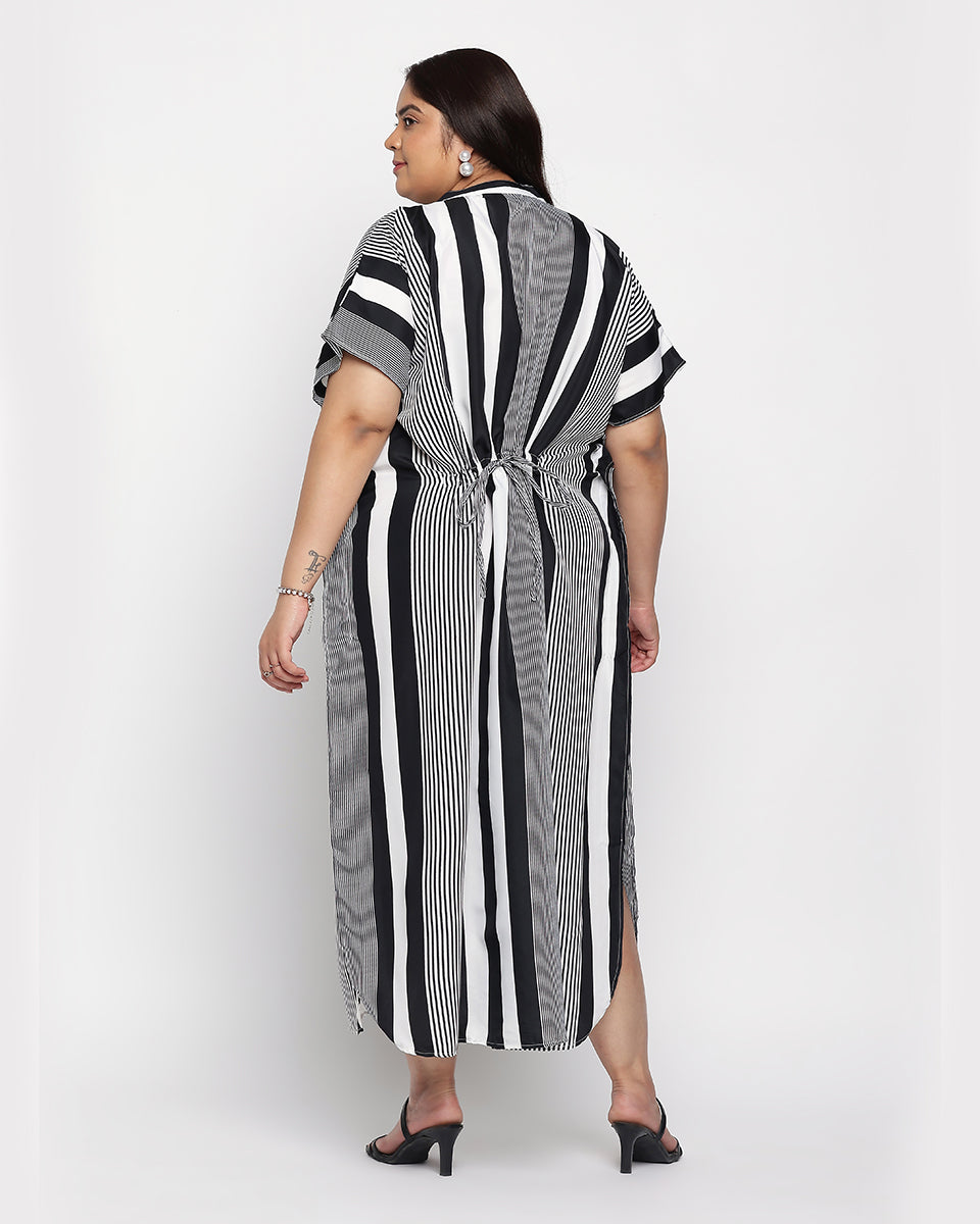 Black And White Striped Polyester Button Plus Size Kaftan For Women