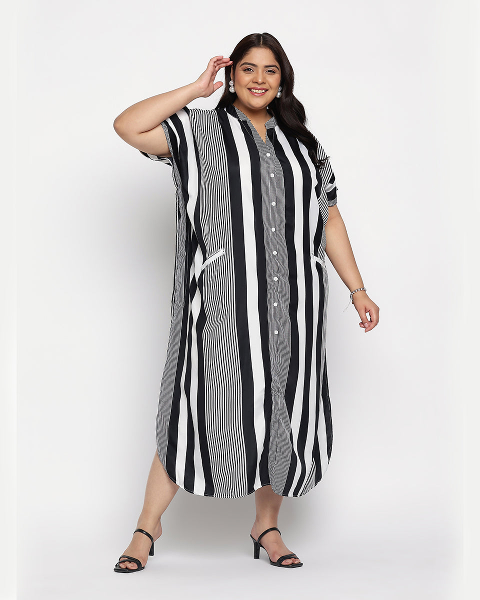 Black And White Striped Polyester Button Plus Size Kaftan For Women