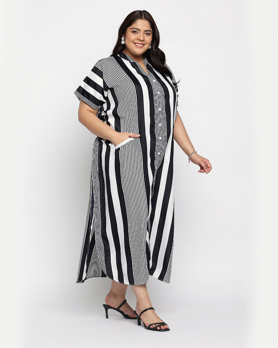 Black And White Striped Polyester Button Plus Size Kaftan For Women