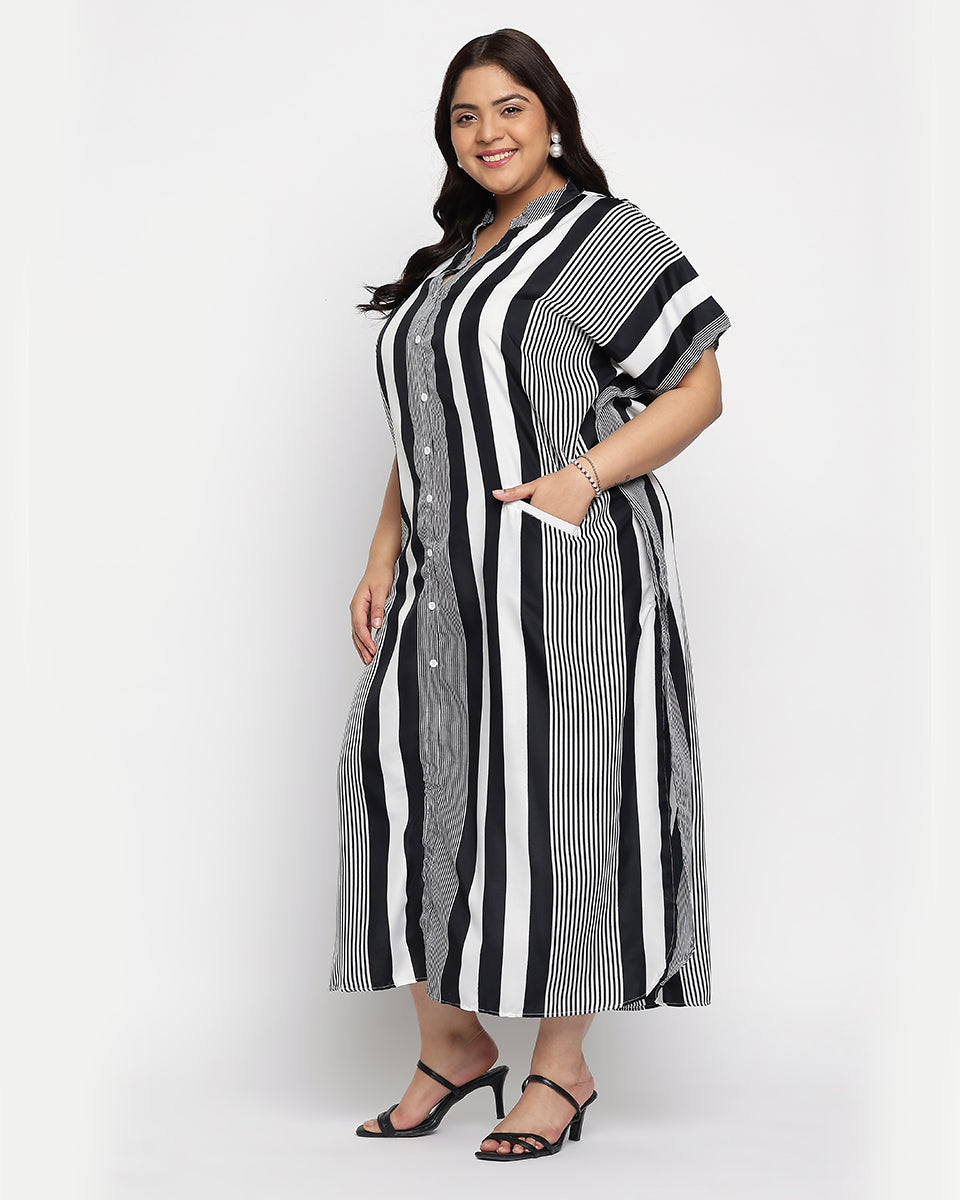 Black And White Striped Polyester Button Plus Size Kaftan For Women