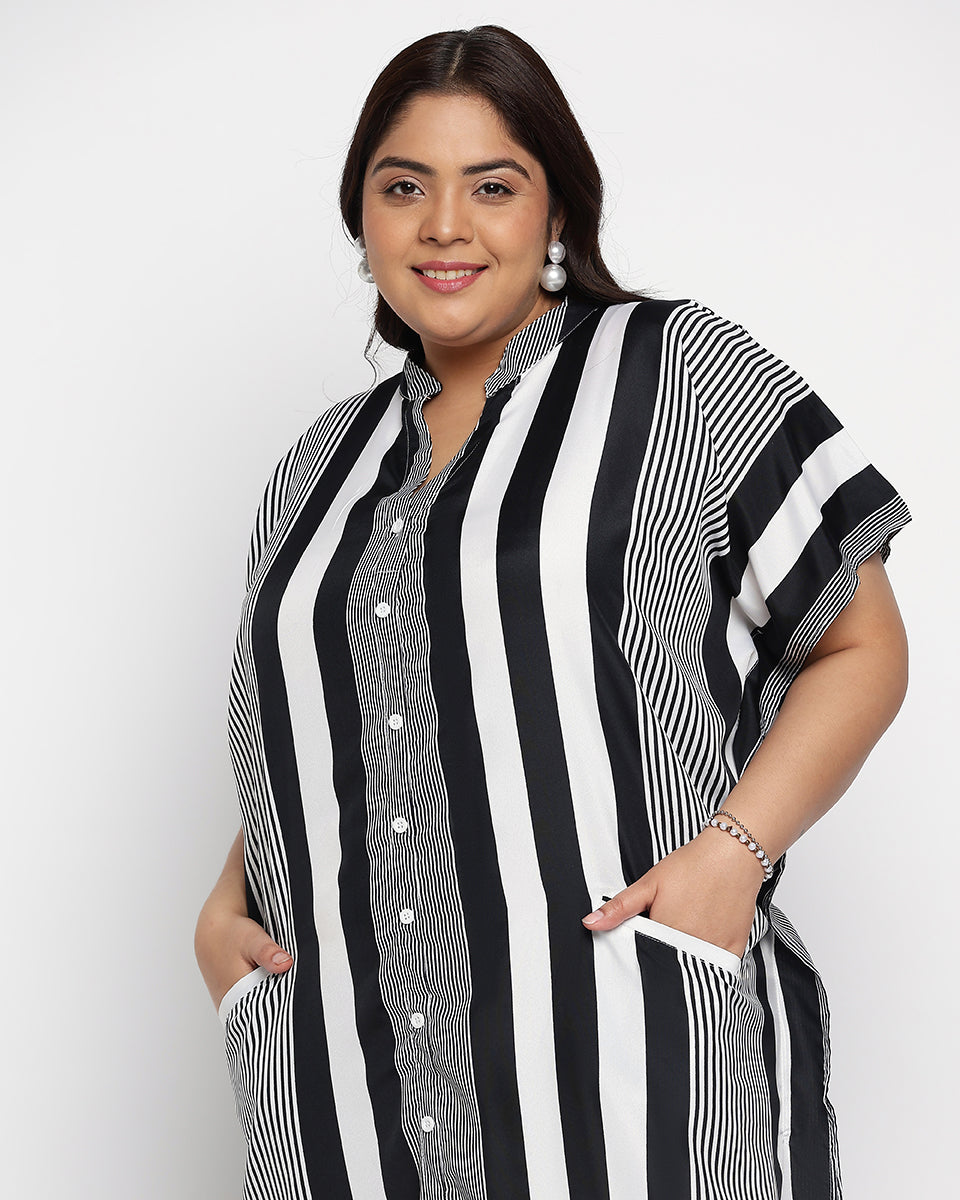 Black And White Striped Polyester Button Plus Size Kaftan For Women