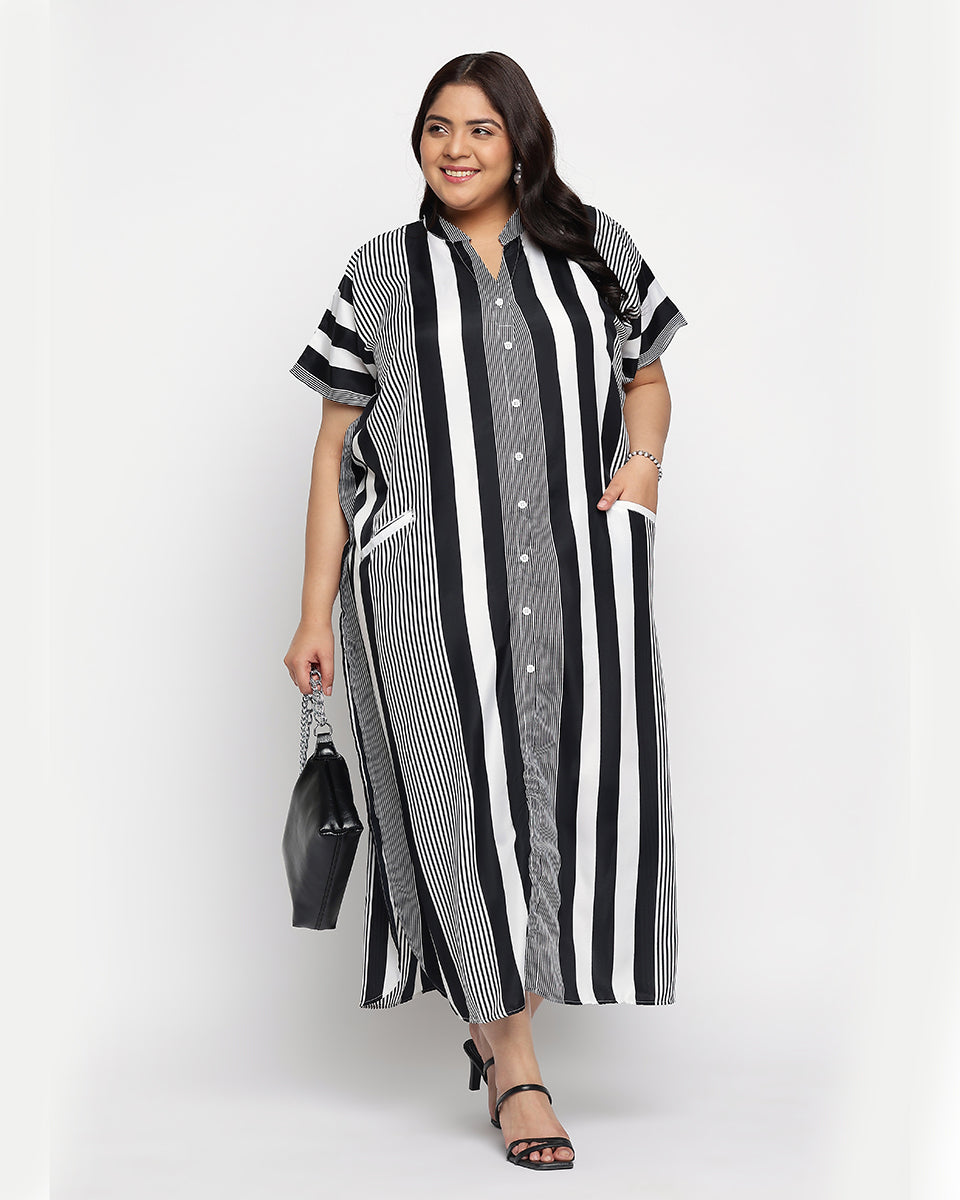 Black And White Striped Polyester Button Plus Size Kaftan For Women