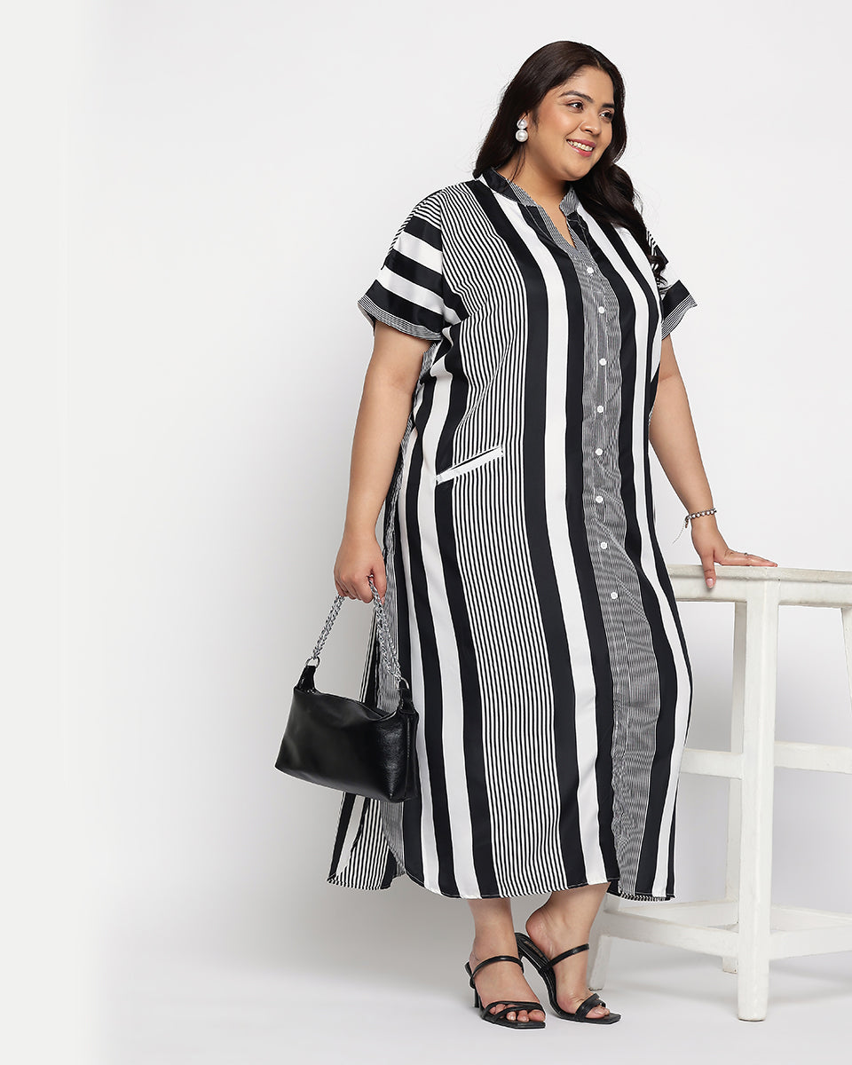 Black And White Striped Polyester Button Plus Size Kaftan For Women