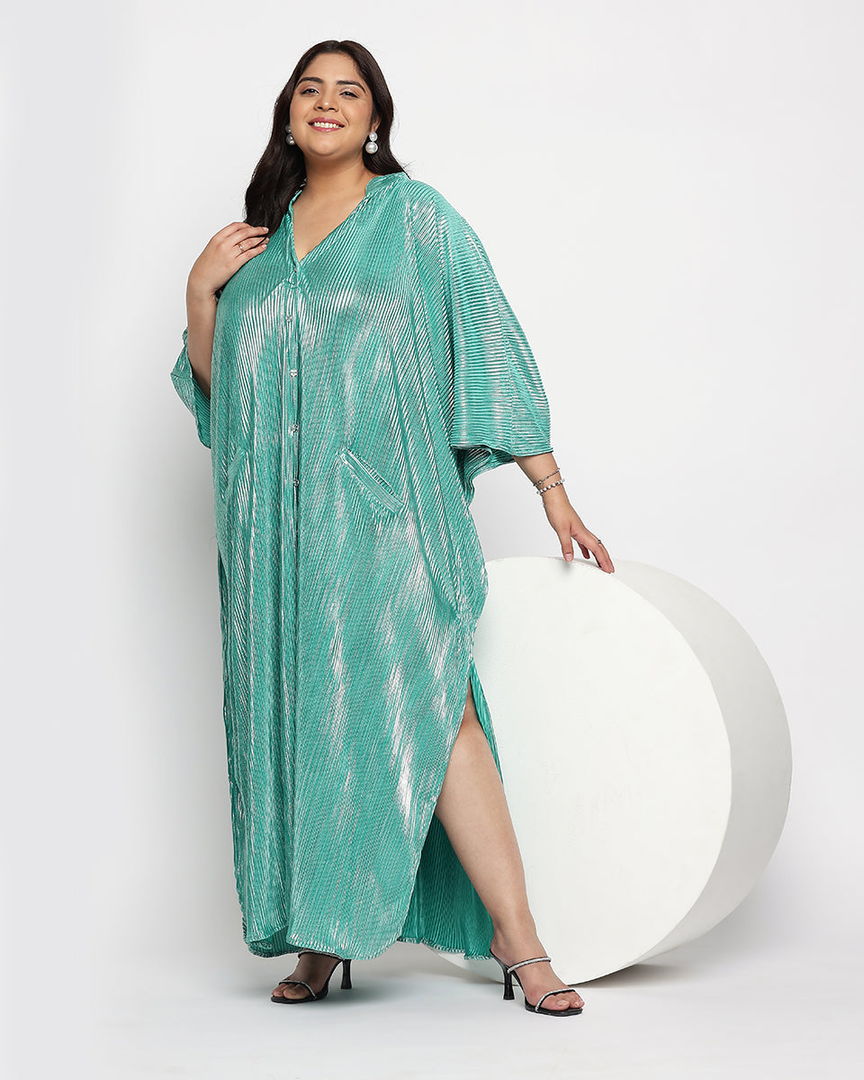 Poly Knit Plus Size Button Kaftan Turquoise Green Striped For Women