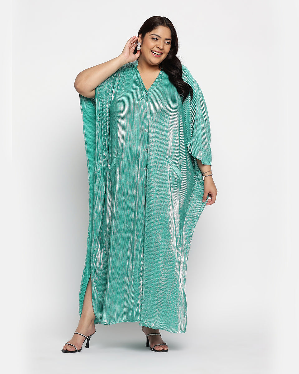 Poly Knit Plus Size Button Kaftan Turquoise Green Striped For Women