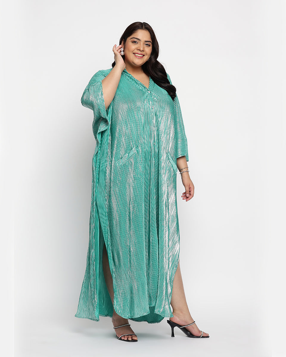 Poly Knit Plus Size Button Kaftan Turquoise Green Striped For Women