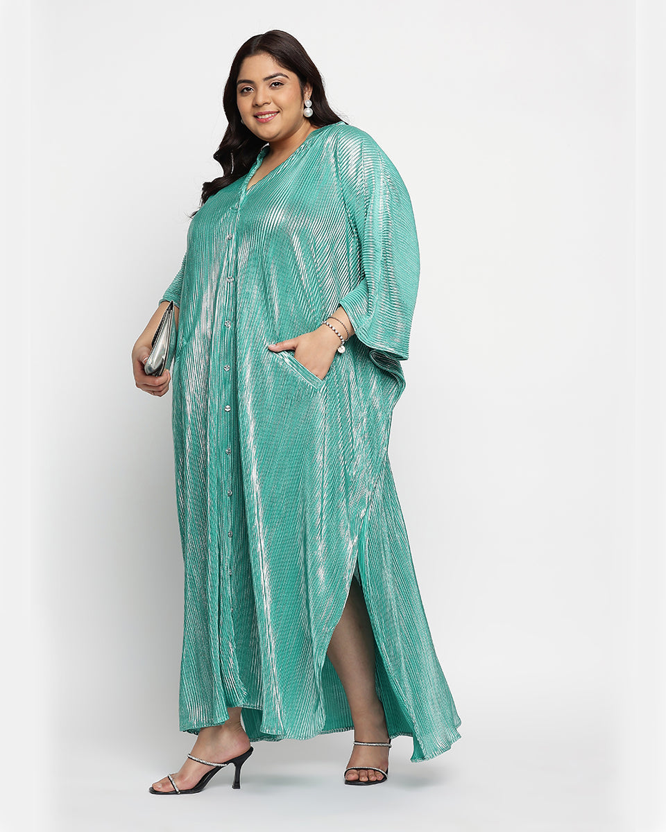 Poly Knit Plus Size Button Kaftan Turquoise Green Striped For Women