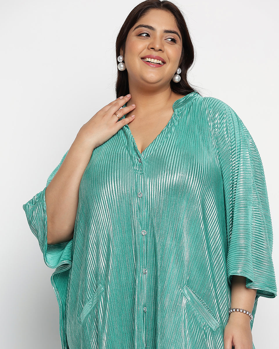 Poly Knit Plus Size Button Kaftan Turquoise Green Striped For Women