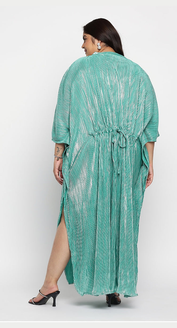 Green metallic pleated plus size kaftan with V-neck and 3/4 kimono sleeves — alternate view