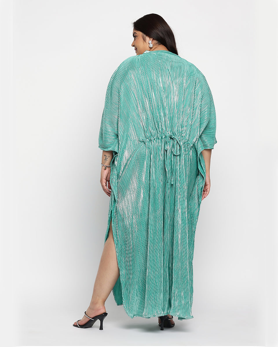 Poly Knit Plus Size Button Kaftan Turquoise Green Striped For Women