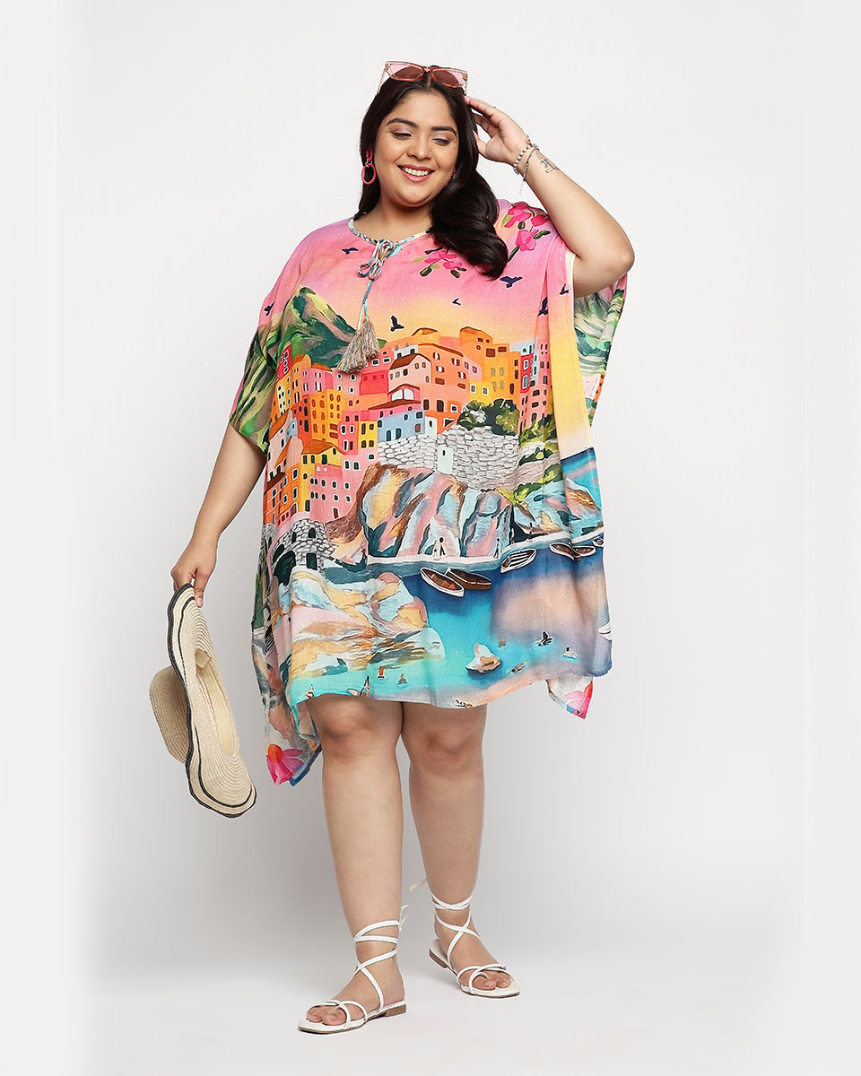 Rayon Crepe Multicolor Beach Kaftan For Plus Size Women