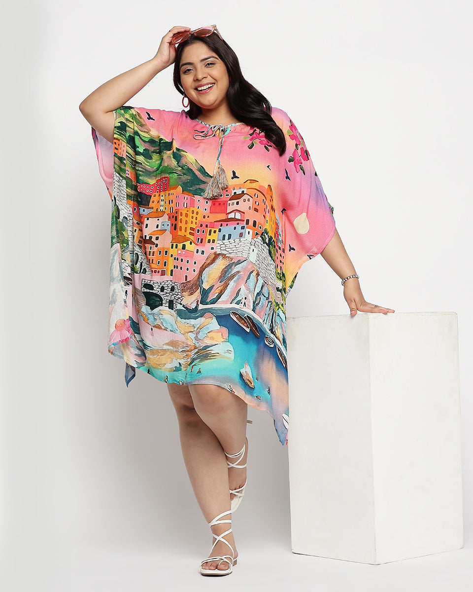 Rayon Crepe Multicolor Beach Kaftan For Plus Size Women