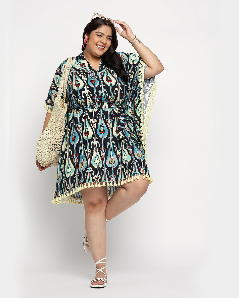 Abstract Print Yellow Bordered Multicolor Plus Size Tunic For Women