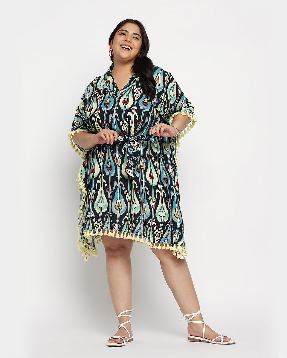 Abstract Print Yellow Bordered Multicolor Plus Size Tunic For Women