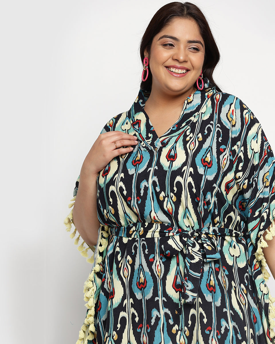 Abstract Print Yellow Bordered Multicolor Plus Size Tunic For Women