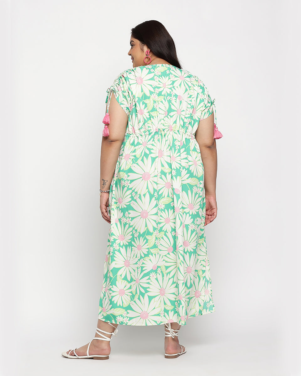 Floral Print Green Theme Polyester Plus Size Kaftan For women