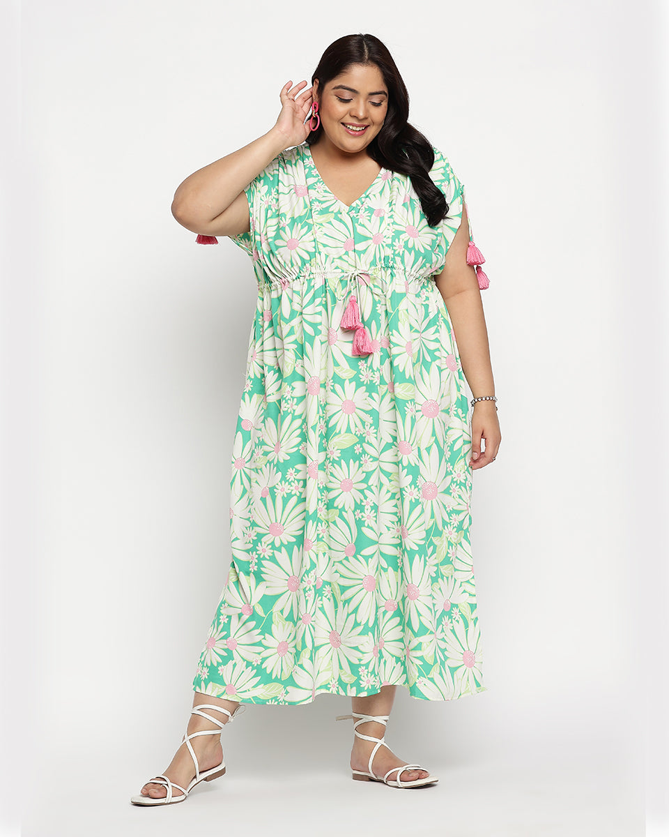 Floral Print Green Theme Polyester Plus Size Kaftan For women