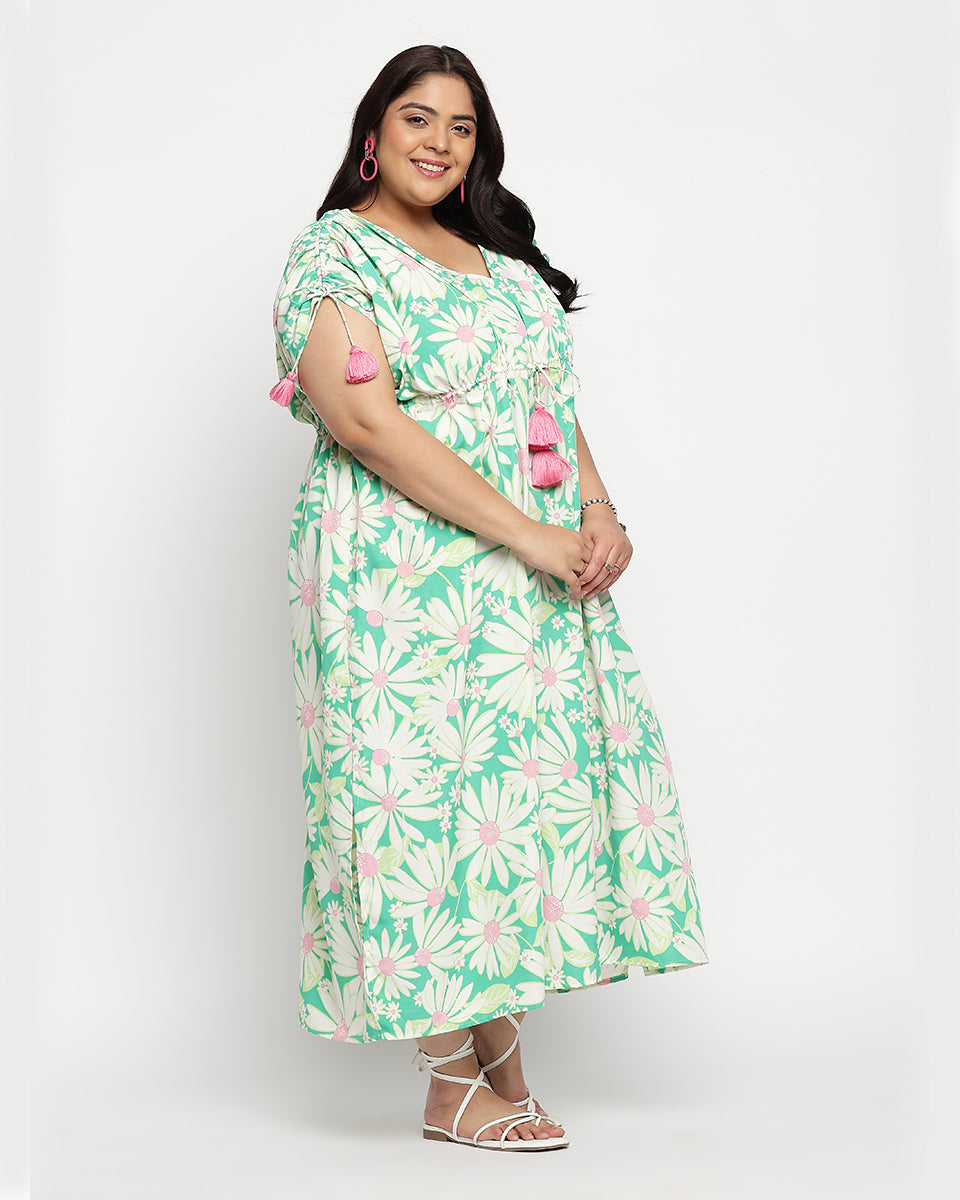 Floral Print Green Theme Polyester Plus Size Kaftan For women