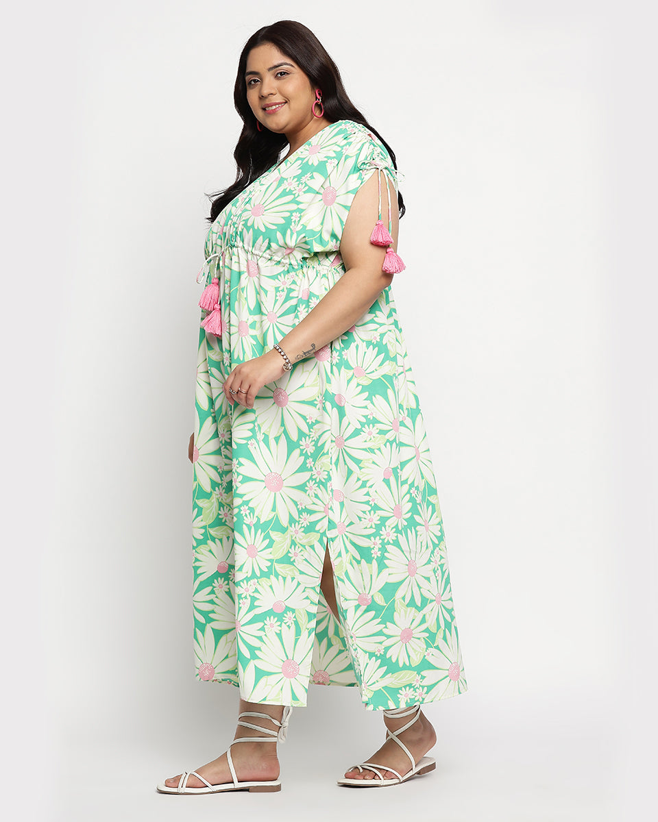 Floral Print Green Theme Polyester Plus Size Kaftan For women