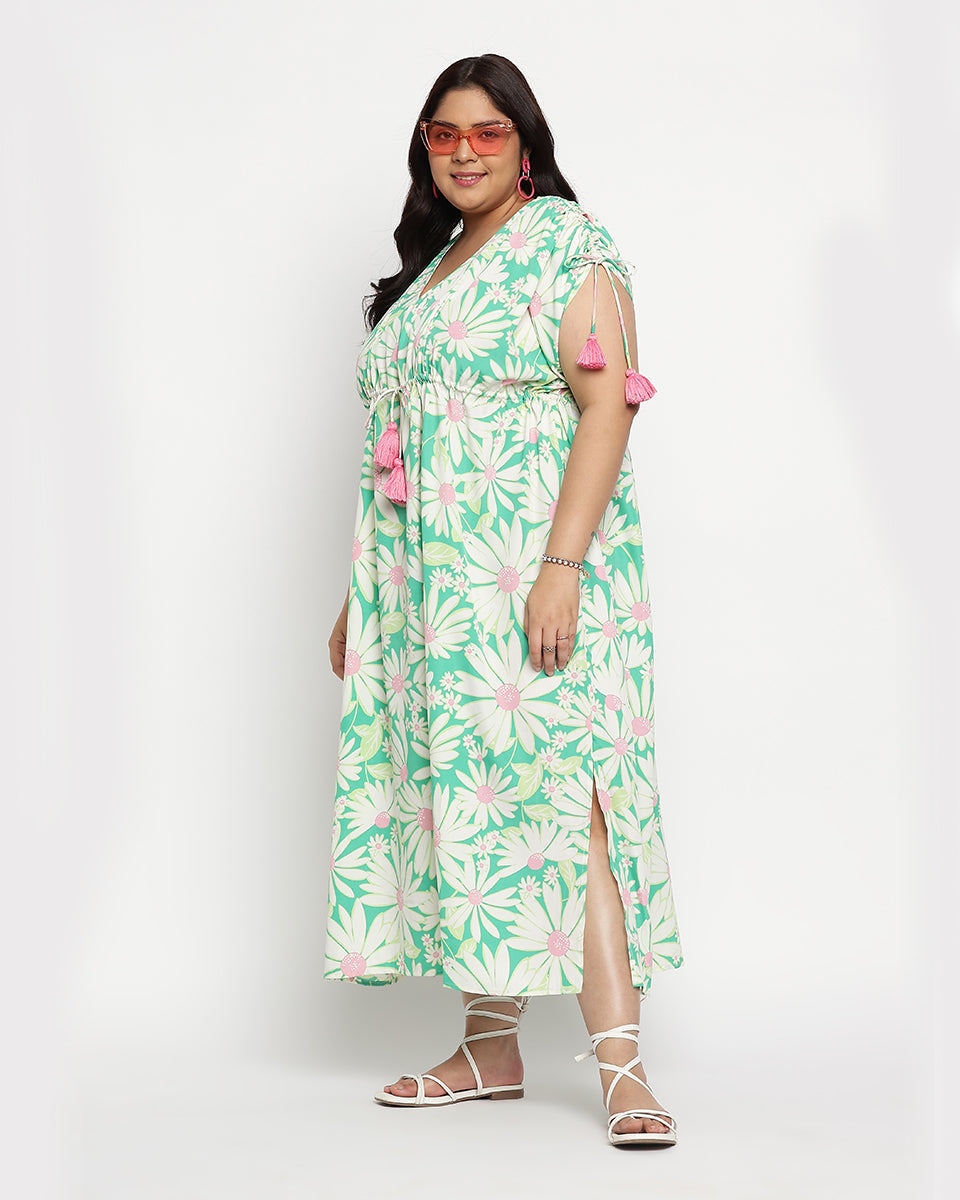 Floral Print Green Theme Polyester Plus Size Kaftan For women