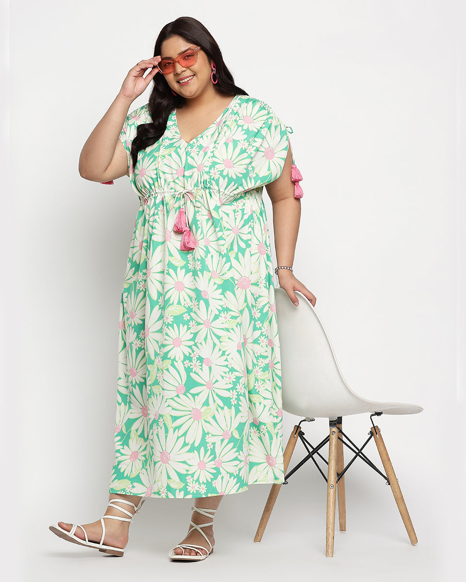 Floral Print Green Theme Polyester Plus Size Kaftan For women