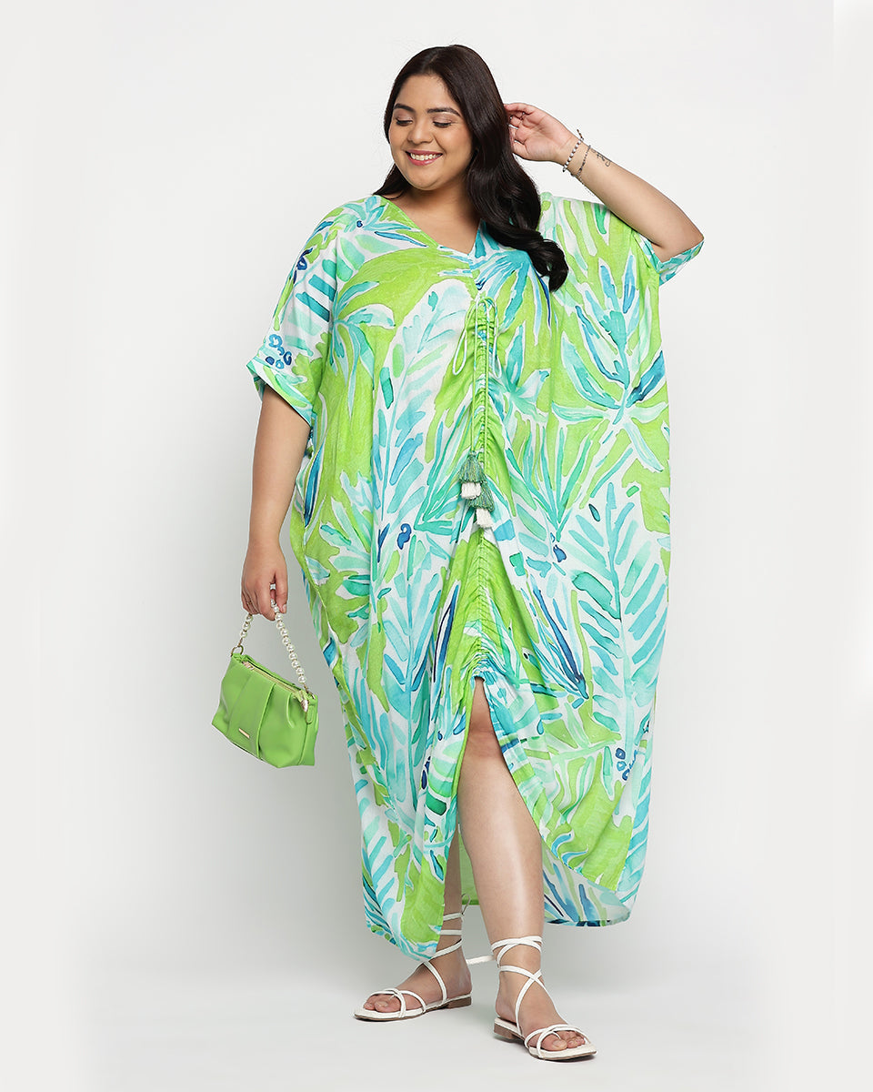 Leaf Print Plus Size Rayon Crepe Middle Slit Kaftan For Women