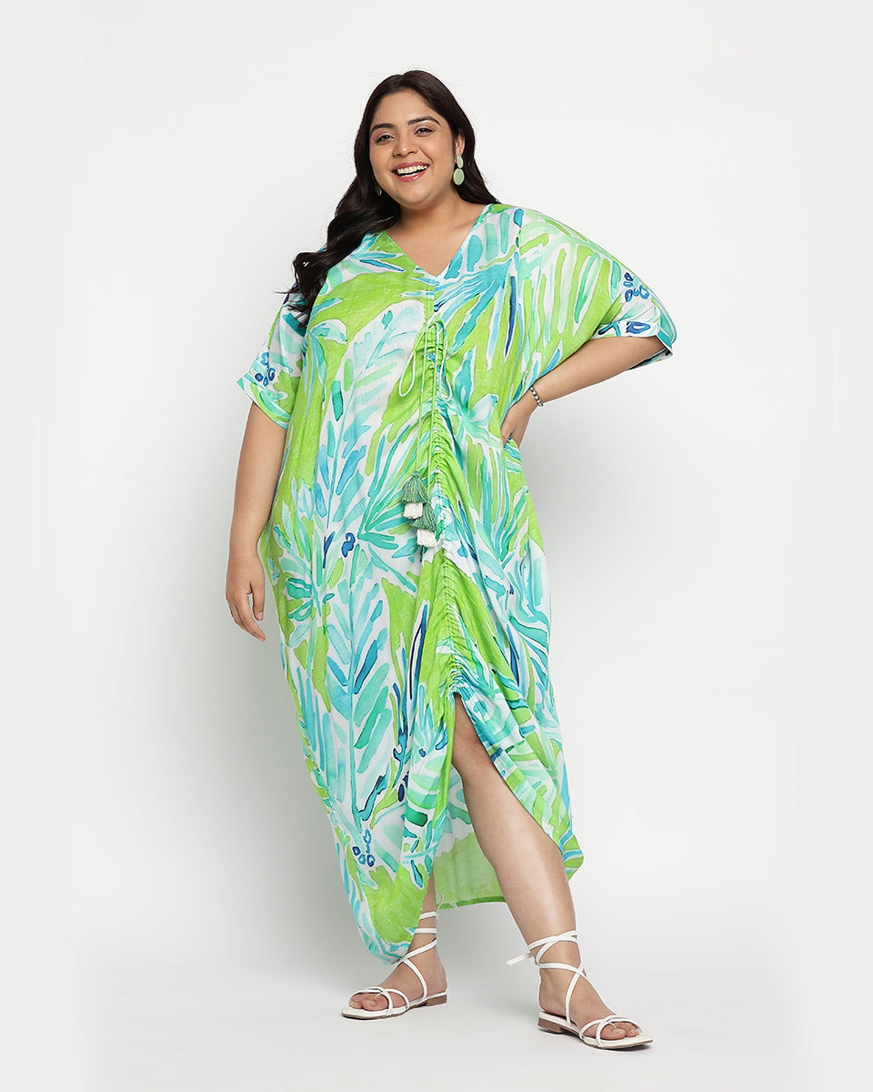 Leaf Print Plus Size Rayon Crepe Middle Slit Kaftan For Women