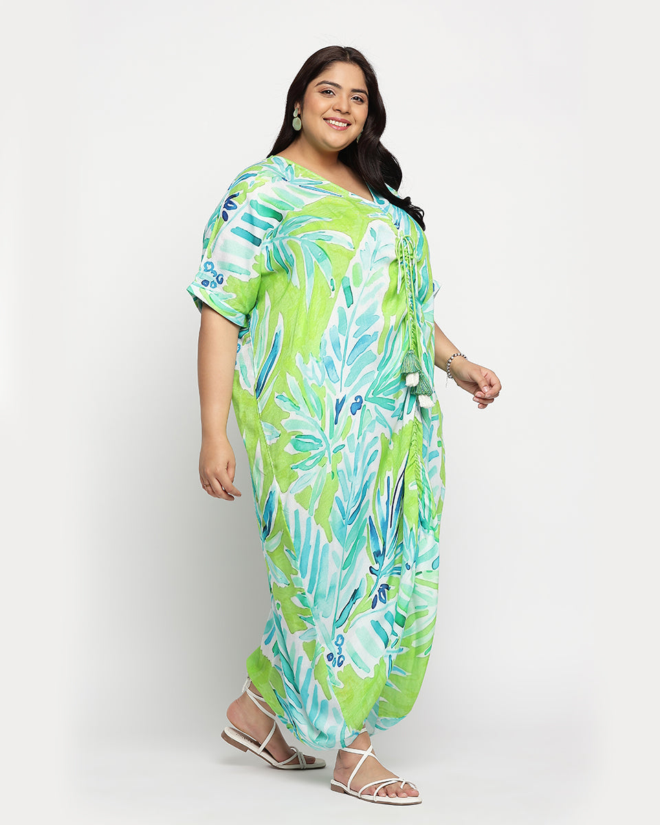 Leaf Print Plus Size Rayon Crepe Middle Slit Kaftan For Women