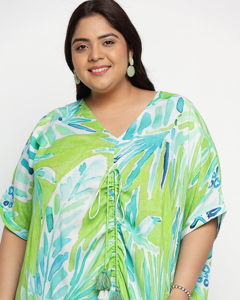 Leaf Print Plus Size Rayon Crepe Middle Slit Kaftan For Women