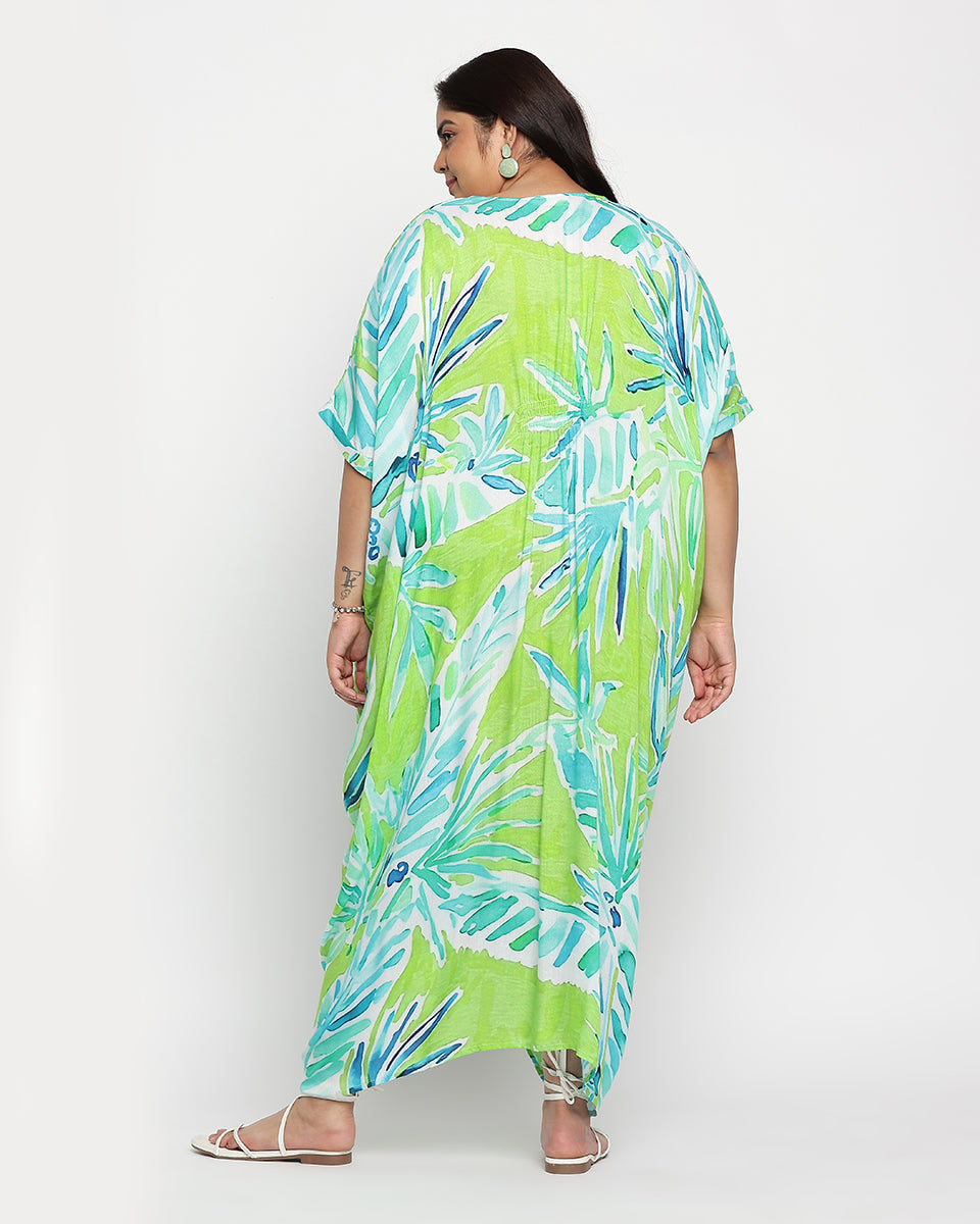 Leaf Print Plus Size Rayon Crepe Middle Slit Kaftan For Women