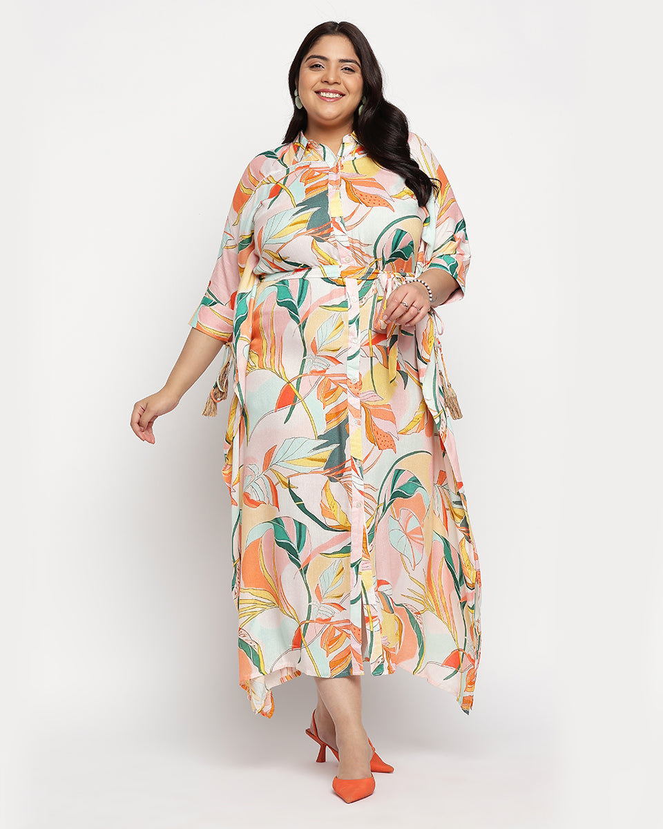 Multicolor Leaf Print Rayon Plus Size Women Kaftan Dress