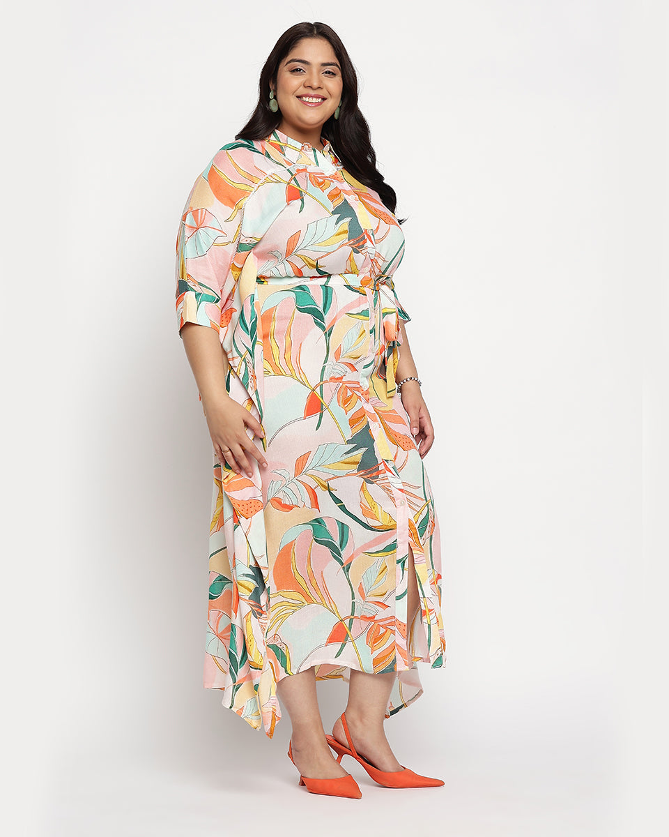 Multicolor Leaf Print Rayon Plus Size Women Kaftan Dress