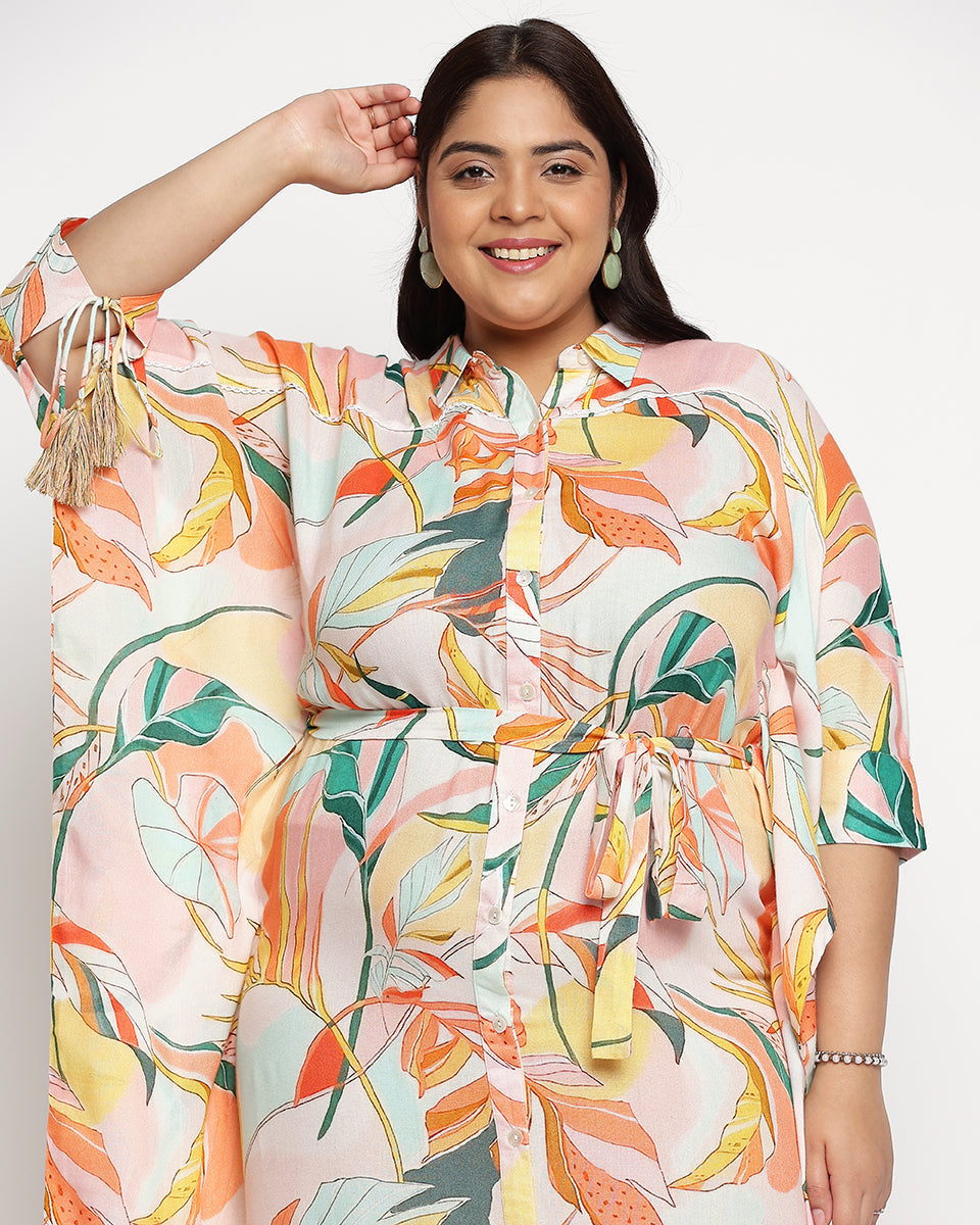 Multicolor Leaf Print Plus Size Rayon Kaftan For Women