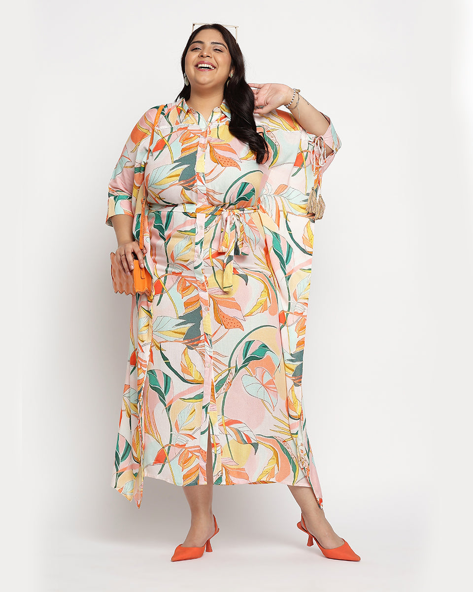 Multicolor Leaf Print Plus Size Rayon Kaftan For Women