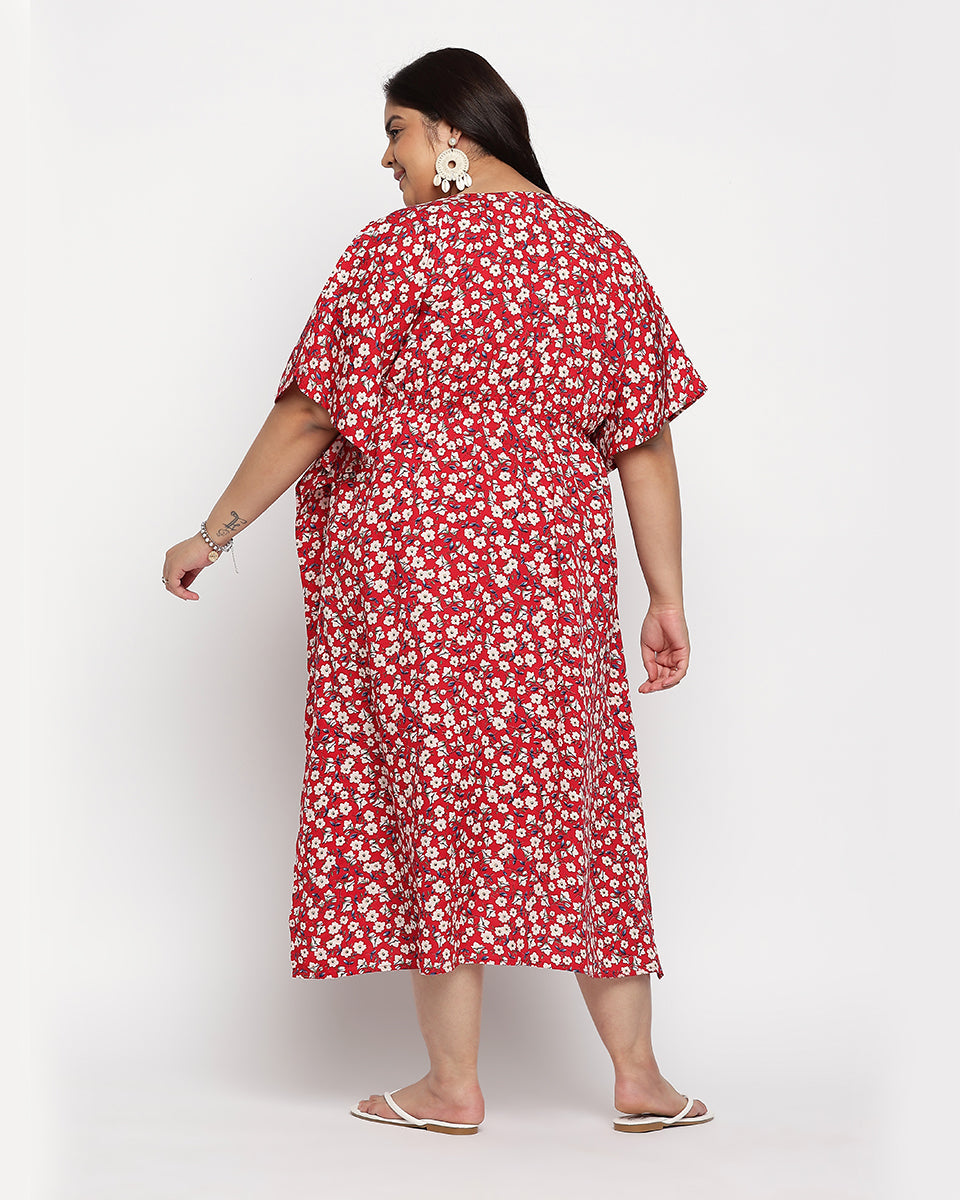 Red And White Flower Print Polka Dot Polyester Kaftan For Women