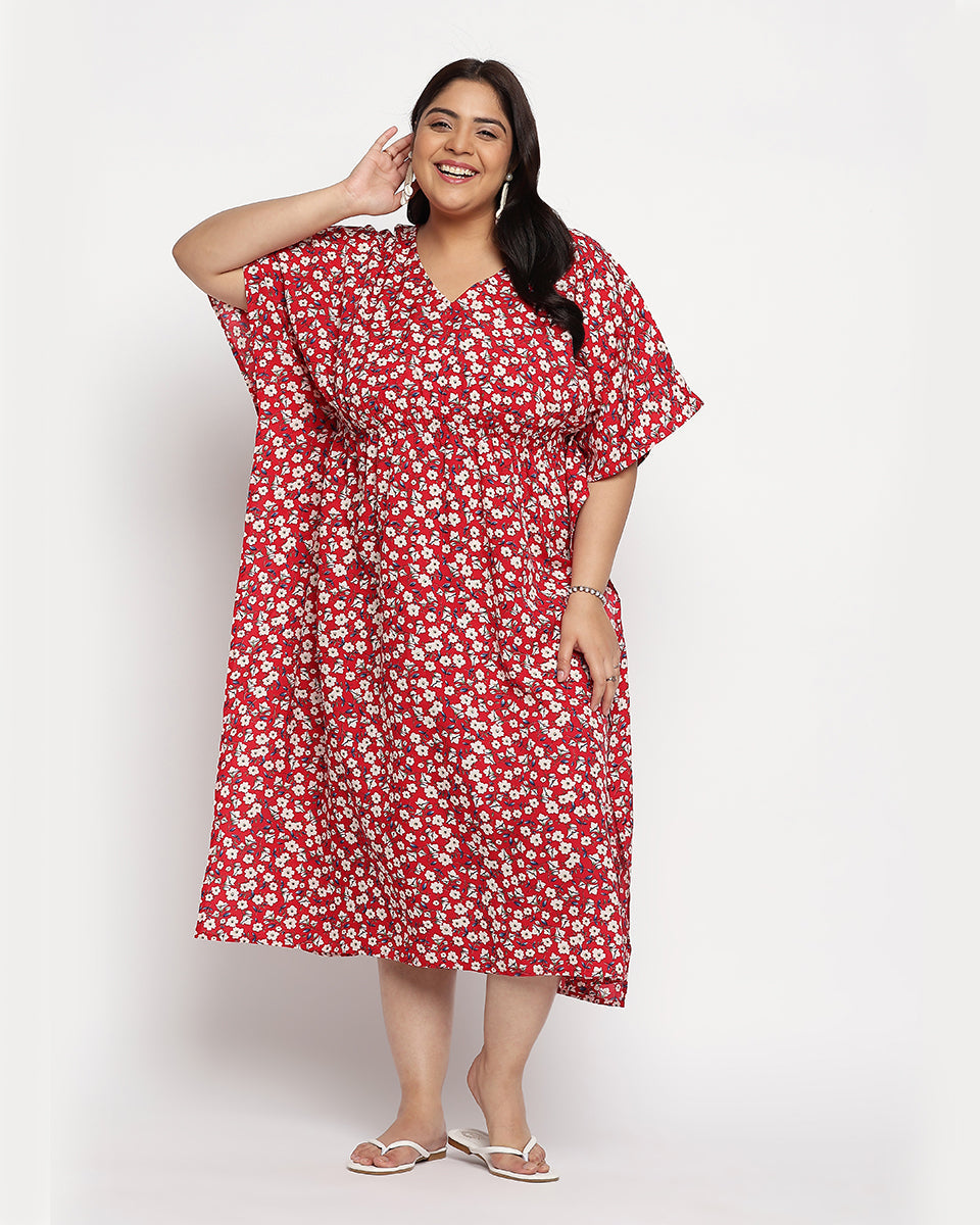 Red And White Flower Print Polka Dot Polyester Kaftan For Women