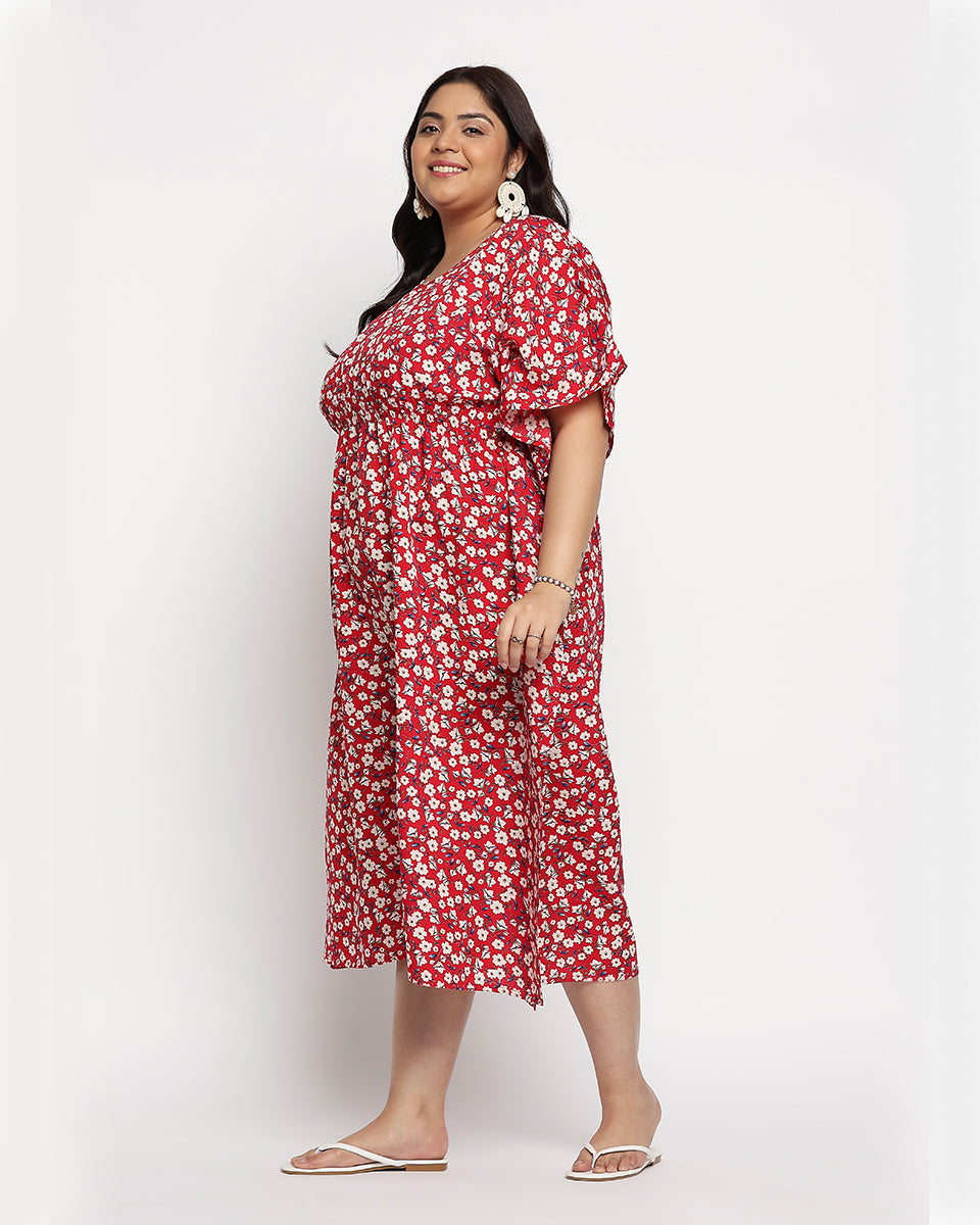 Red And White Flower Print Polka Dot Polyester Kaftan For Women