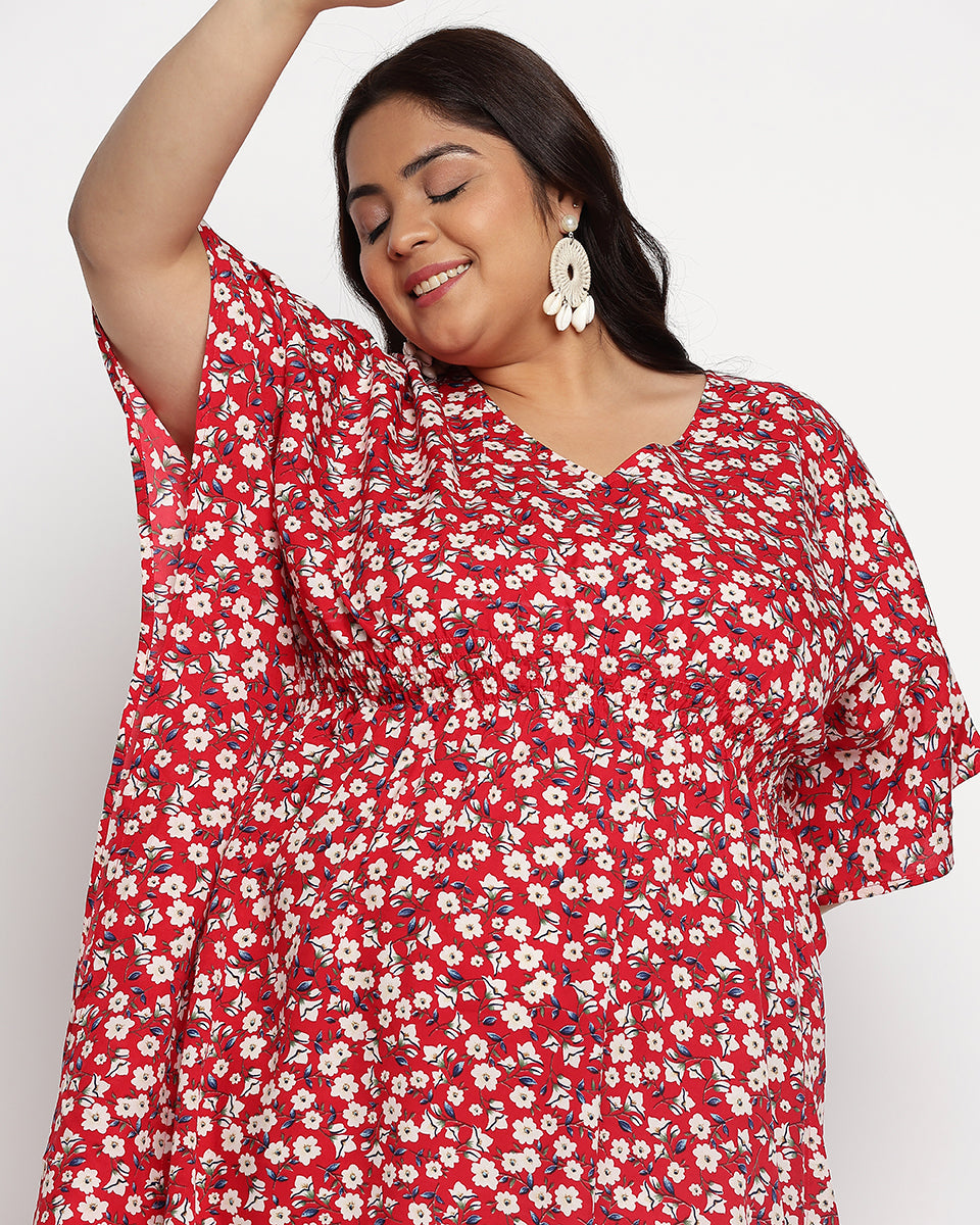 Red And White Flower Print Polka Dot Polyester Kaftan For Women