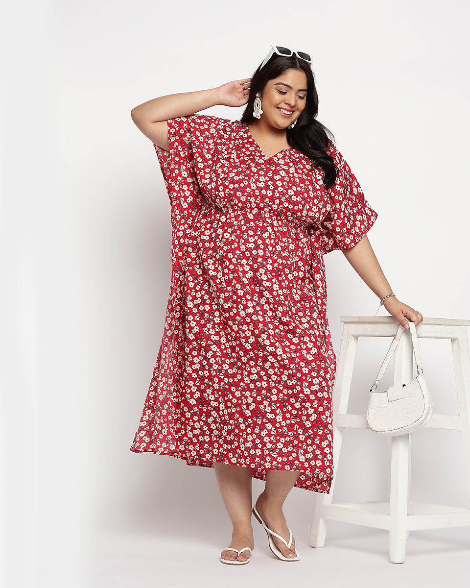 Red And White Flower Print Polka Dot Polyester Kaftan For Women