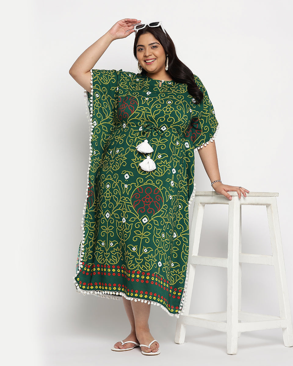 Rajasthani Print Green And Yellow Rayon Plus Size Kaftan For Women